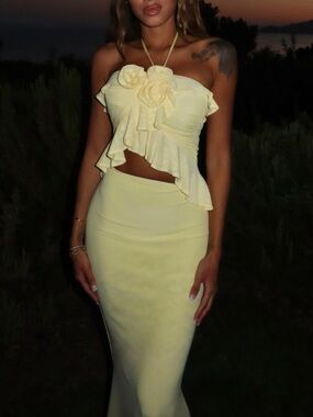 Lemon Yellow Ruffle Two Piece Skirt and Top